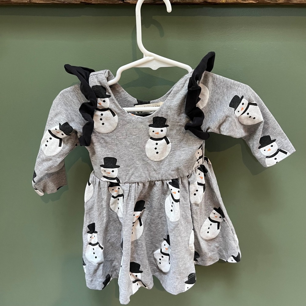 Monica And Andy Baby Girls Snowman Dress 6 12 Months Long Sleeve Gray Ruffle